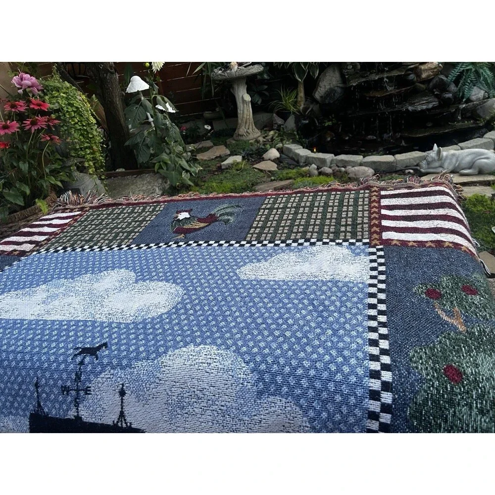 Farmhouse Woven Throw Blanket Red Barn Cows Rooster Americana Fringe 56x48